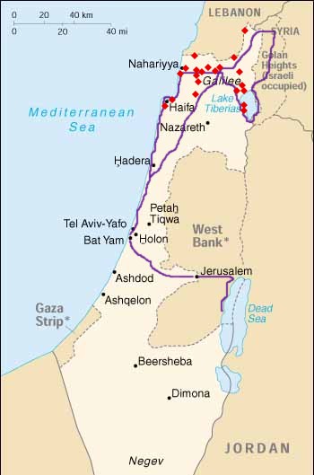 our route through israel, indicating lebanese rocket attack sites